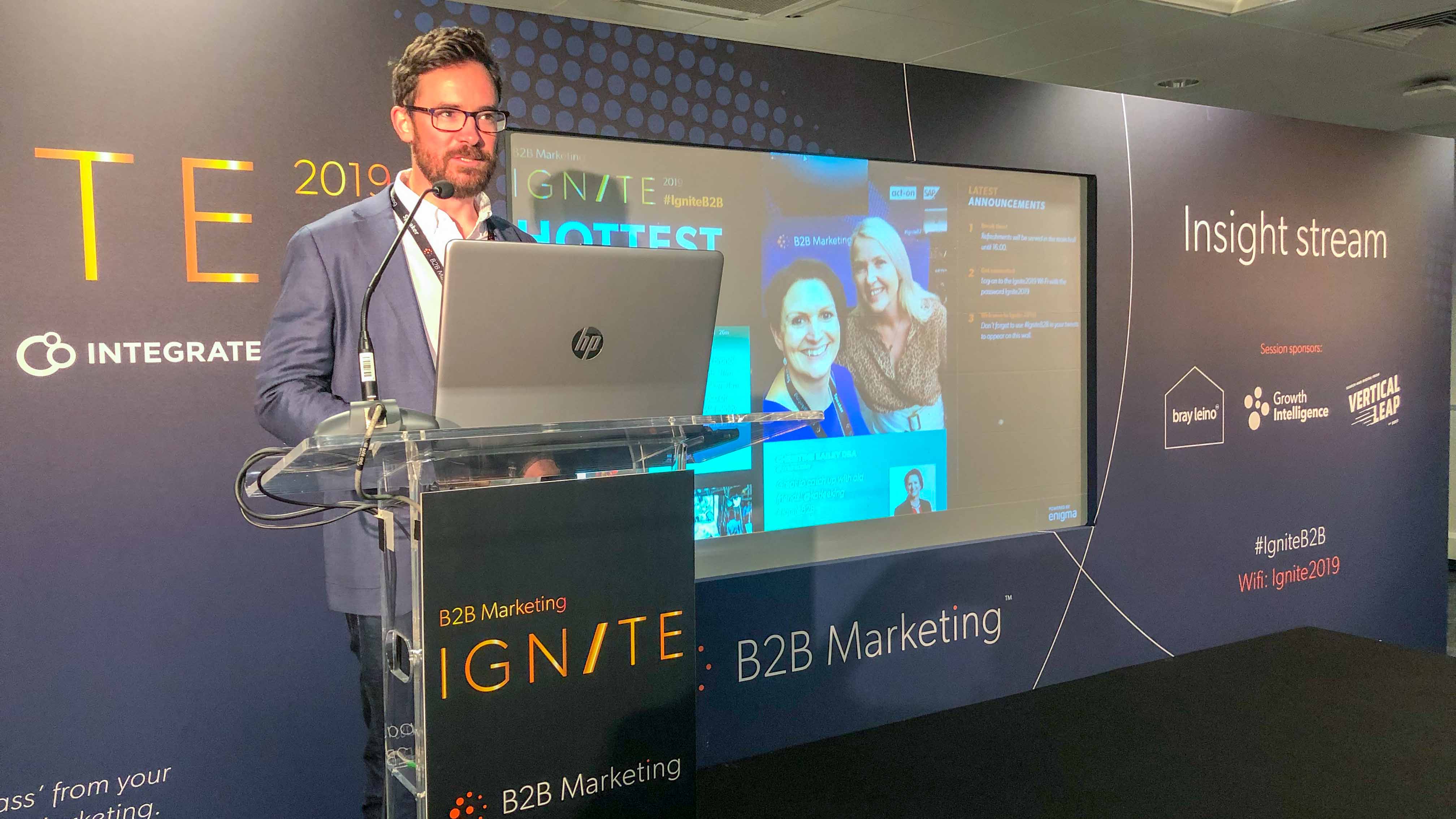 Pete Morgan sharing actionable insight to help marketers improve ROI at Ignite B2B 2019.